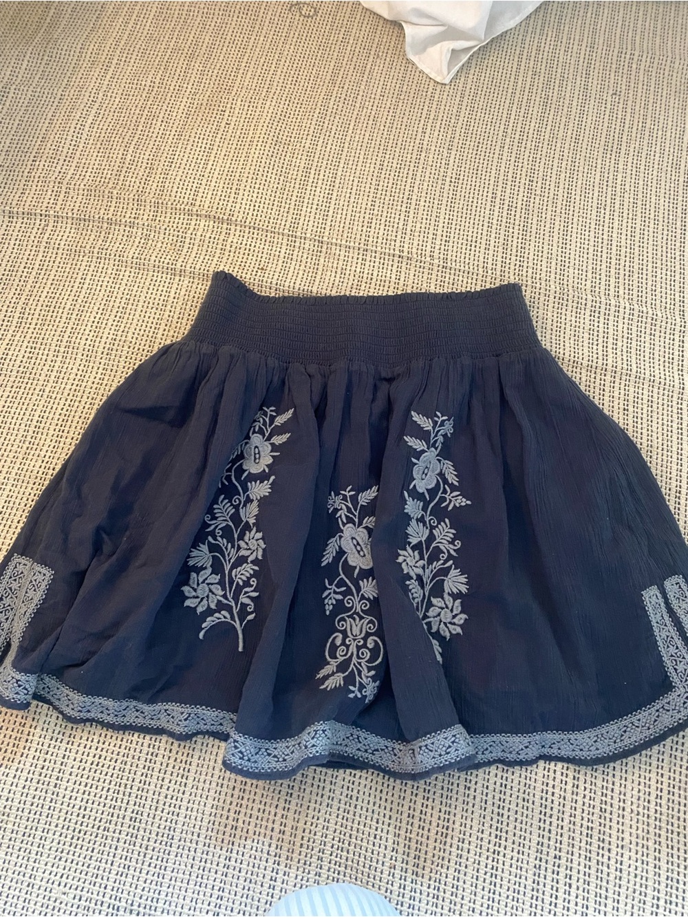 J. Crew Navy Circle Skirt with Ivory Floral Embroidery